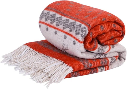 LYHome Merino Wool Blanket - Warm Throw for Cold Weather, Warmest Travel Outdoor Camping Blankets, Picnic Army and Military Throws, Comforter Soft & Cozy (55" x 79" Red with White Raindeers)