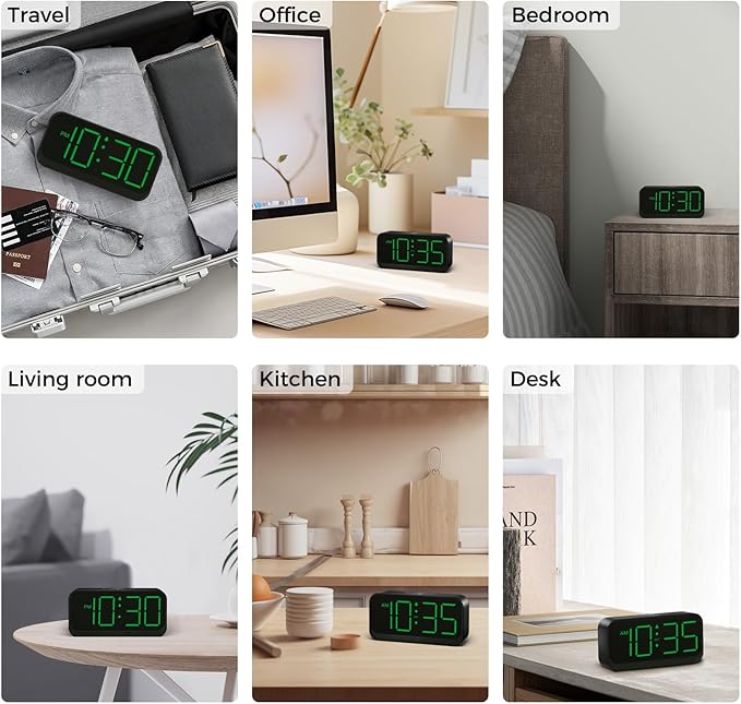 Acedeck Battery Operated Digital Clock: Cordless Small Alarm Clock for Bedroom Travel - Large Numbers 4 Dimmers for All Ages Green Digits