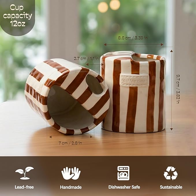 Ceramic Coffee Mug with Half Lid, 12oz Handmade Retro Striped Travel Mug, Minimalist To Go Coffee Cup for Home Office, Reusable Pottery Tumbler, Brown