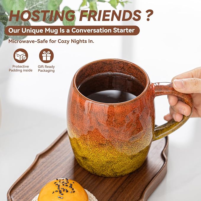 Handmade 22oz Ceramic Coffee Mug, Ergonomic Large Handle, Ideal Gift for Coffee Lovers, Microwave & Dishwasher Safe (Minute-Orange&Yellow)