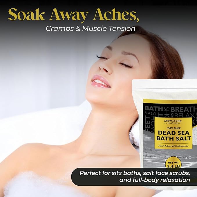 Aromasong Dead Sea Salts for Soaking - 2.43 Lbs Fine Grain Bath Salt Soak in Large Bulk resealable Pack, 100% Pure & Natural - Soak for Women & Men to Relax Tired Muscles and Treat Skin Issues