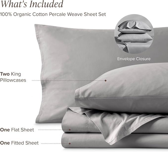 Bare Home 100% Organic Cotton King Sheet Set - Crisp Percale Weave - Lightweight & Breathable - Bedding Sheets & Pillowcases (King, Light Grey)