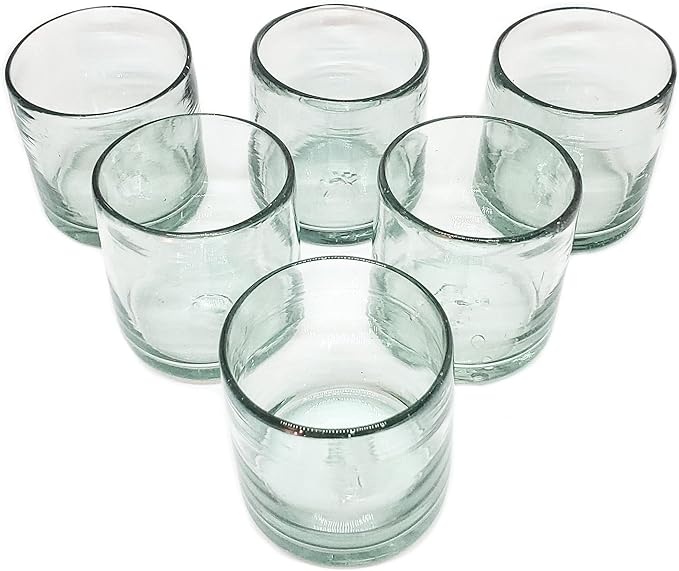 Clear Blown 8 oz DOF Rocks Glasses (set of 6) - Hand Blown Mexican Glassware Recycled Glass Drinking Glasses for Water, Juice, Margarita, Cocktails & Whiskey, Toxin Free