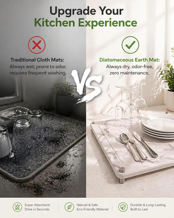 Large Stone Drying Mat for Kitchen Counter - 24”*16” Marble Veining Quick Drying Fast Absorbent Drying Mat, Natural Diatomaceous Earth Dish Drying Mat