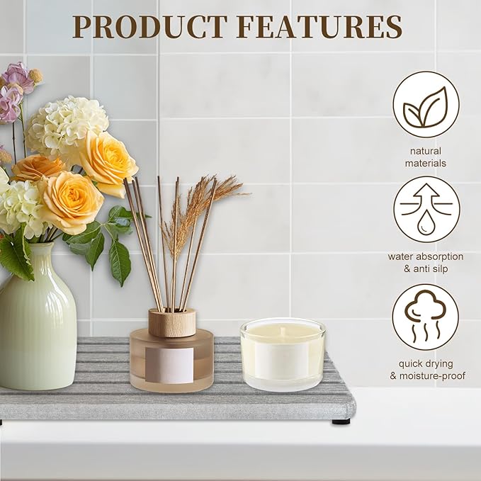 3 PCS Water Absorbent Diatomite Rectangle Coasters with Grooved Design - Thirsty Absorbing Stone Tray for Soaps Dish, Hand Soaps, Plants, Toiletries - Keep Bathroom & Kitchen Counter Tops Dry & Tidy
