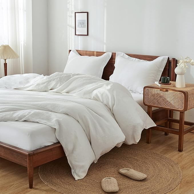 100% French Linen Pillow Shams Basic Style - Pack of 2 - Washed Solid Color Natural Flax Soft Breathable - White, 20'' x 26''