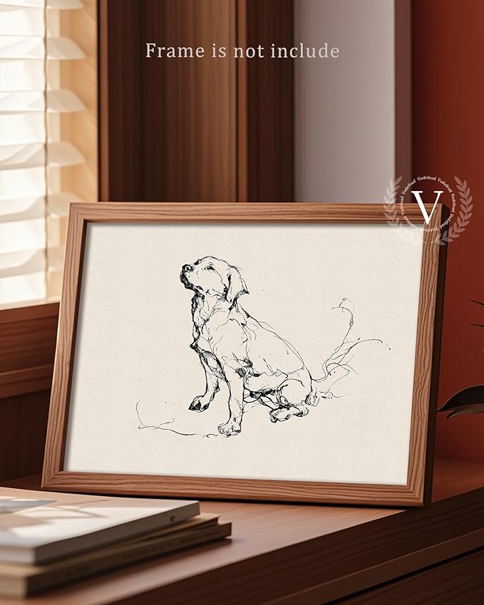 Vodefoad Vintage Dog Sketch Retro Wall Art Labrador Retriever Ink Drawing Print Boho Neutral Line Art Boy Room Nursery Decor - 8x10Inch Unframe