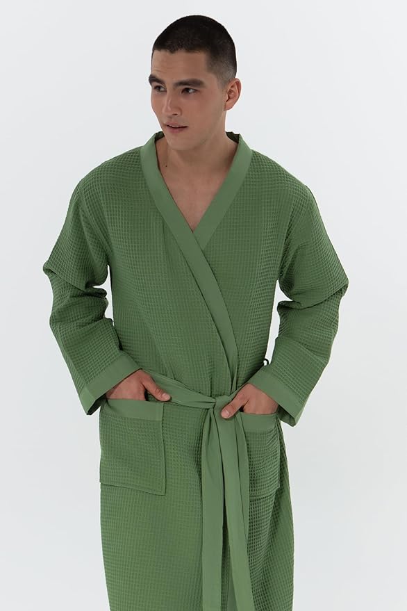 SEYANTE Turkish Cotton Waffle Robe for Men – Organic GOTS Certified Spa Bathrobe, Lightweight Kimono, Soft Cotton Bathrobe
