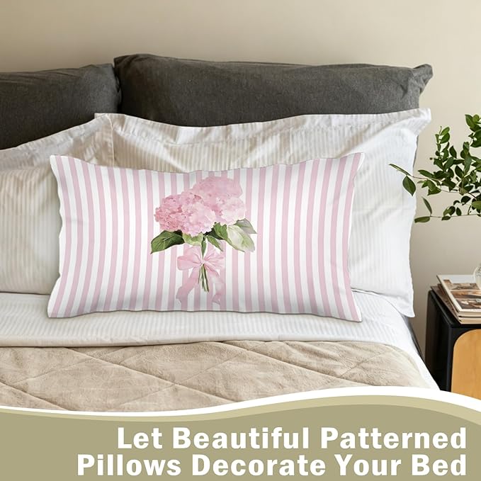 Cottagecore Pink Hydrangea Floral 12x20 Pillow Cover, Preppy Girly Bow Botanical Flower Pink Striped Decorative Lumbar Pillow Cover for Girls Room Dorm Bedroom Living Room Home