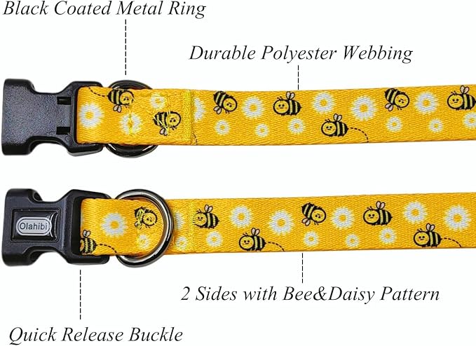 Dog Collar Leash Set, Floral Pattern, Polyester Material, Adjustable Collar and 5ft Matching Leash, for Large Dogs.(L, Bee Daisy)