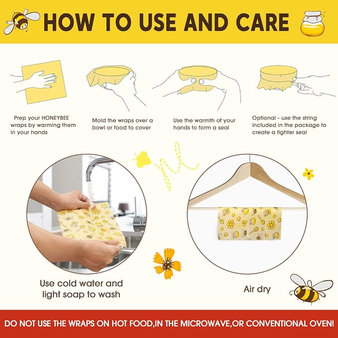 Reusable Beeswax Food Wraps, 9 Pack - Assorted Sizes (XS,S, M, L) | Organic Cotton, Eco Friendly, Plastic Free | Honeycomb Design