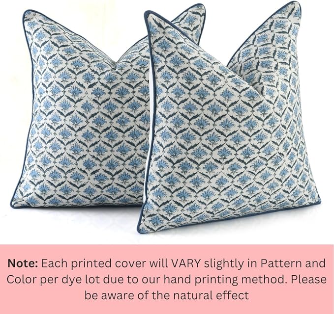 CPC Jeans Blue Block Print Throw Cushion Cover 20 x 20 Inch Set 2 - Decorative Boho Floral Pillow Case for Living Room, Bed, Sofa, Couch, Home Decor Cushion Cover Gift for Spring, Mother's Day
