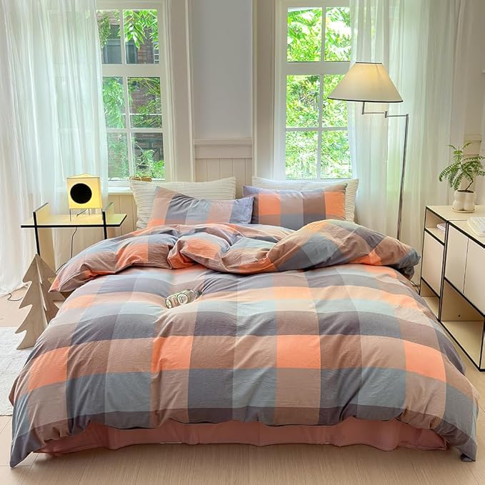 FACE TWO FACE Bedding Duvet Cover Set100% Washed Cotton Duvet Cover Linen Like Textured Breathable Durable Soft Comfy (Full, Cookie Powder Grid)