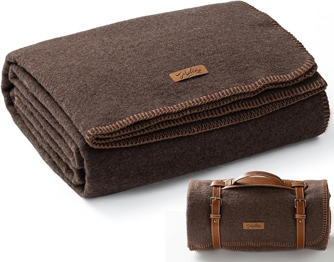 Molithe 100% Wool Blanket, 48" x 62", Warm, Thick, Washable, Military Wool Blanket, Great for Camping, Outdoors, Sporting Events, Survival Kits, Brown