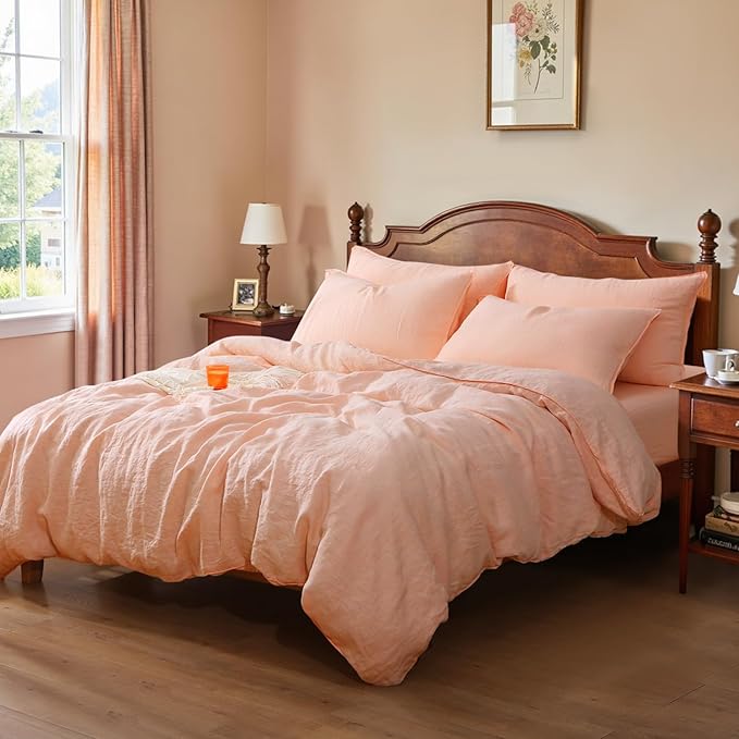 S VICTORY SYMBOL 100% Organic Linen Duvet Cover Set 3PCS King Size,Pure Natural French Flax Bedding,1 Comforter Cover and 2 Pillowcases,Farmhouse Bedding Set(Peach Pink)