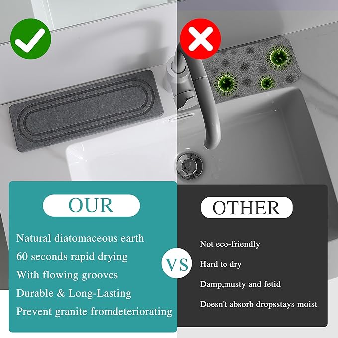 2PCS Water Absorbing Stone Tray for Sink, Quick Drying Diatomite Bathroom Tray Countertop, Stone Drying Mat for Kitchen Counter Faucet, Soap Dish Dispenser Vanity Organizer, Dark Gray-11.8" x 4"