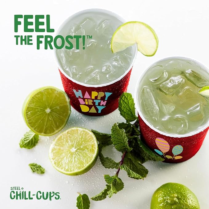 Steel Chill Cups 16 oz. Party Cups 'Happy Birthday' Balloon Design for Cold Drinks, Durable, Disposable, Recyclable, Made in USA, Red, 12 Count