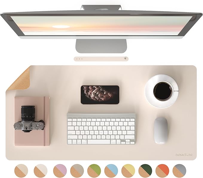 RENMTURE Dual-Sided Large Desk Pad, Faux Leather Natural Cork Mouse pad, Desk Accessories Protector, for Office and Home Work (Off-White, 32"x16")