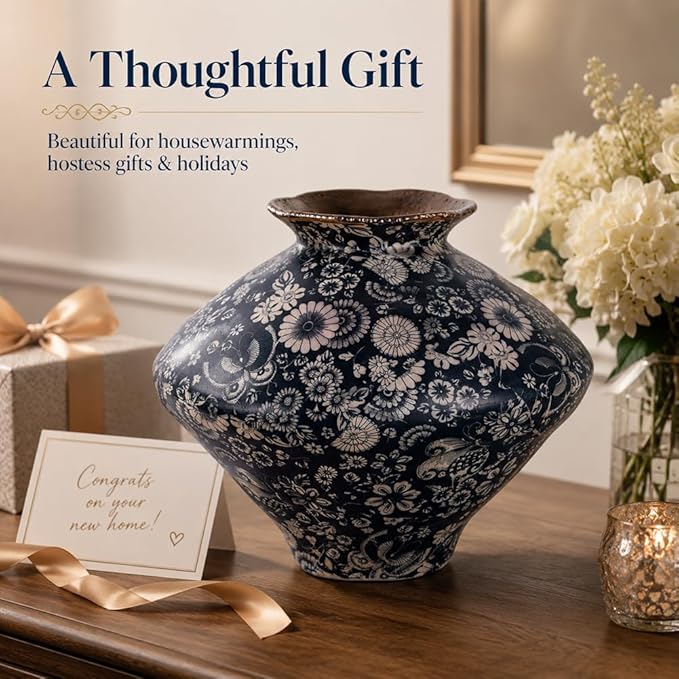 Large Wabi Sabi Blue and White Vintage Ceramic Vase, 9.8" Rustic Pottery Vase for Centerpieces, Chinoiserie Decorative Flower Vases for Table, Living Room, Bathroom, Kitchen, Farmhouse Home Decor Gift