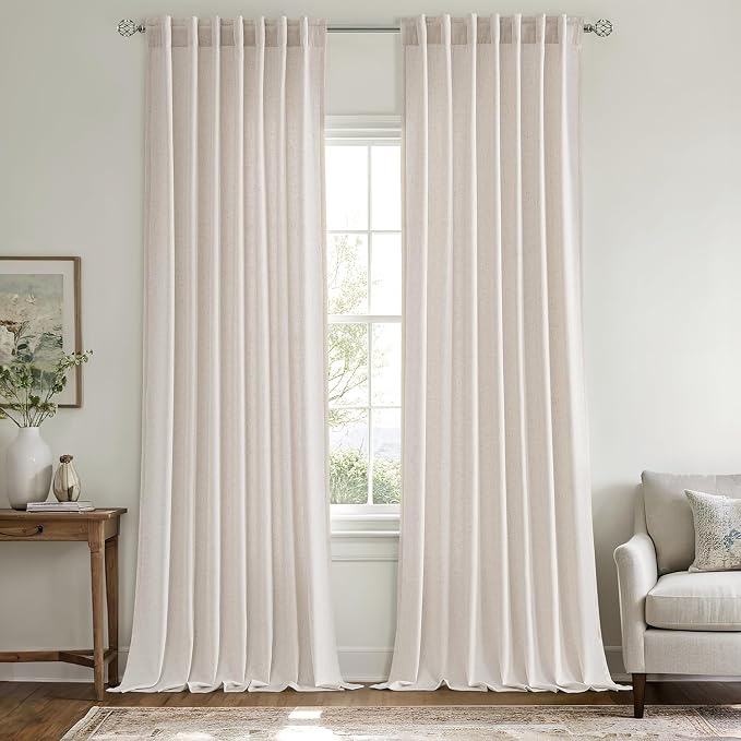 MIULEE Non-See-Through Privacy Linen Curtains 2 Panels, Light Filtering Window Curtains Farnhouse Textured Back Tab Semi Sheer Drapes for Bedroom Living Room, 52 x 96 Inches Long, White