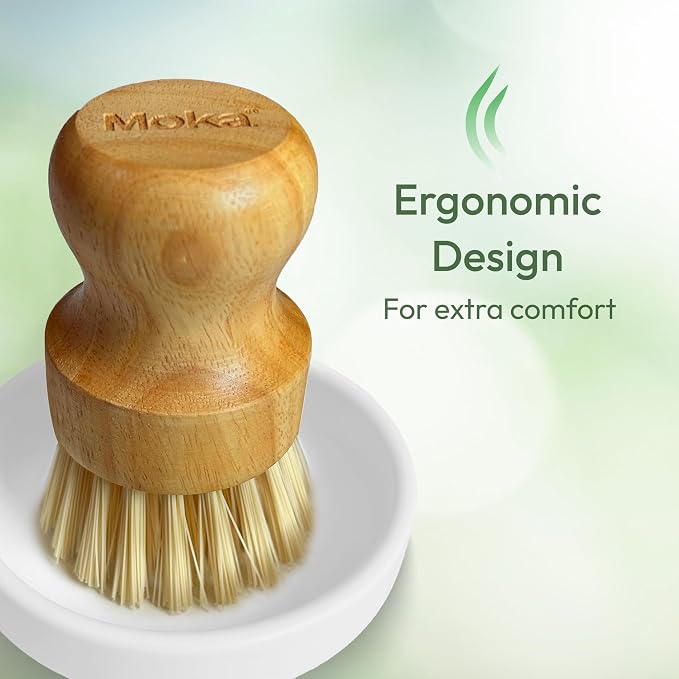 Moka Bamboo Dish Brush - Eco Friendly Scrub Brush with Natural Bristle - Premium Bamboo Dish Scrubber for Kitchen Cleaning, Dishes, Pots, and Pans - Sustainable and Durable (5 Pack)