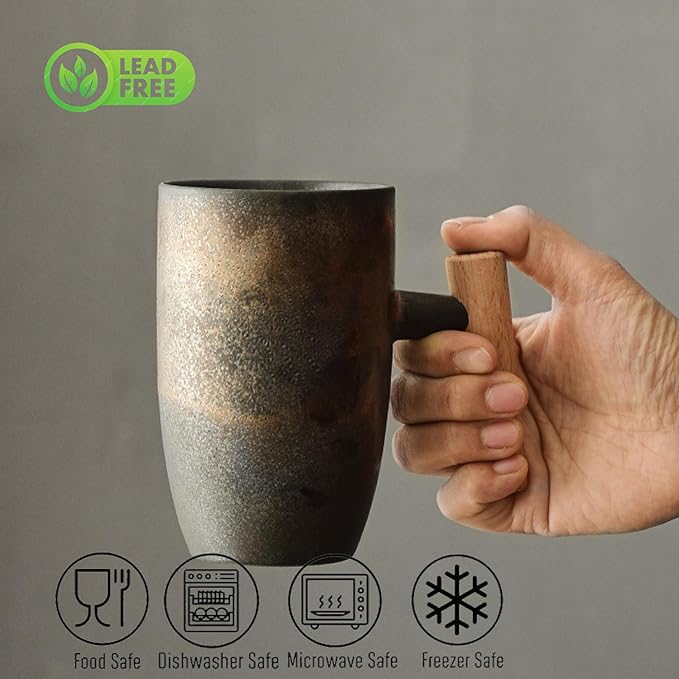 Hippo Family Vintage Ceramic Mug with Wooden Handle, 12oz, Rustic Matte Ceramic Glaze,Japanese Style (Gilding)