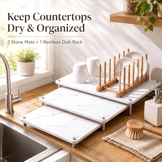 3 Tiers Large Nesting Stone Dish Drying Mats (24"x16" & 20"x16" & 16''x 12'') with Bamboo Dish Rack for Kitchen Counter, White Nestable Diatomaceous Earth Drying Mats with Non-Slip Feet
