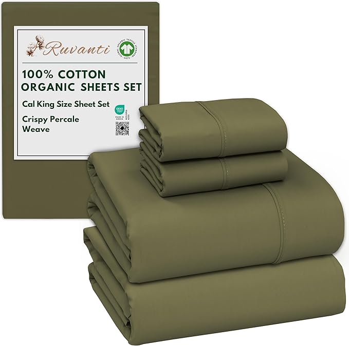 RUVANTI 100% Cotton Organic Percale Sheets Cal King Size – Crisp Cooling Bed Sheets for Hot Sleepers, Deep Pocket 13”, Soft Peach Finish, Breathable & Durable Hotel-Style 4 Pcs, Olive
