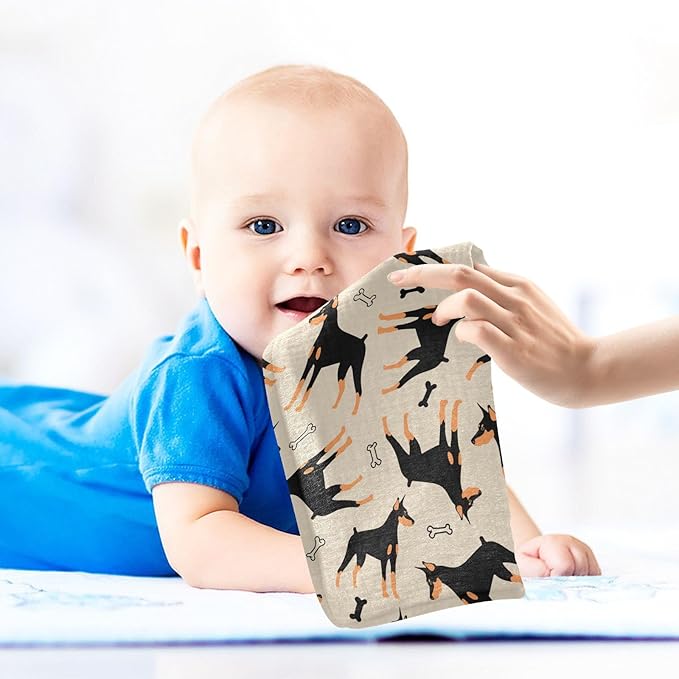 Baby Doberman Cartoon Dog Muslin Washcloths 3 Pack - Muslin Burp Cloths Hanky Large 11.8"X11.8" Extra Soft Absorbent Baby Burp Rags for Newborn 100% Cotton for Boys Girls Gift