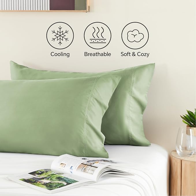 BEDELITE Standard Pillow Cases Set of 2, Rayon Derived from Bamboo, Cooling Pillow Cases for Hot Sleepers & Night Sweats, Breathable Silky Soft Envelope Pillowcases(Sage Green, 20"x26")