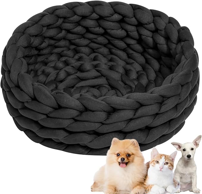 Woven Dog Bed Basket, Knitted Cotton Cat Bed Round Washable Woven Cat Pet Bed Chunky Dog Basket, Orthopedic, Chunky Knit Dog Nest,Dog Bed,Dog Cave,Dog Bedding(Black,17")