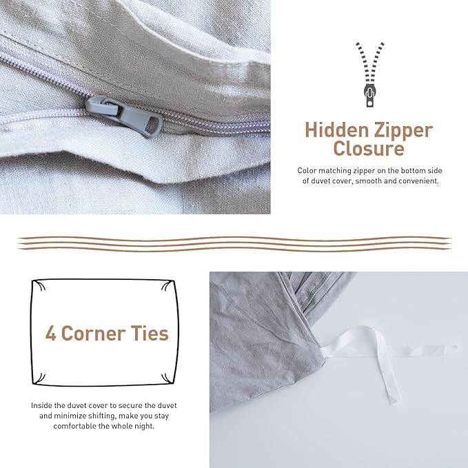 BISELINA French Linen Duvet Cover Set 3pcs with Hidden Zipper Closure Natural Flax Cotton Blend Solid Color Soft Breathable Luxury Farmhouse Bedding -King Size, Grey