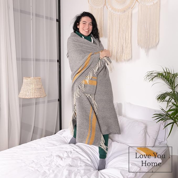 LYHome Merino Wool Blanket - Warm Throw for Cold Weather, Warmest Travel Outdoor Camping Blankets, Picnic Army and Military Throws, Comforter Soft & Cozy (55 x 79 Grey with Mustard and White Stripes)