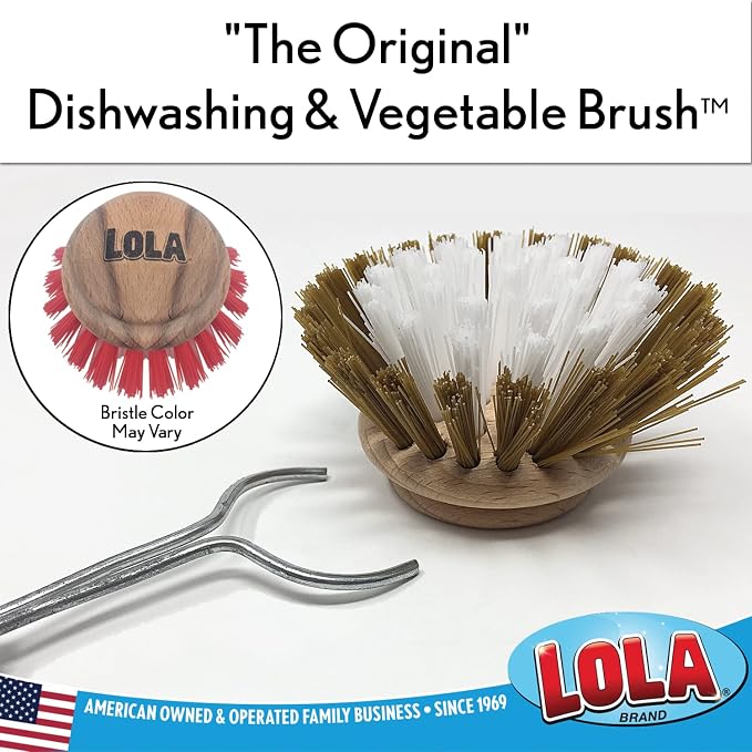LOLA Replacement Head for The Original Dishwashing & Vegetable Brush, Birch Hardwood & Nylon Poly Bristles, Reusable & Washable - 1 Count