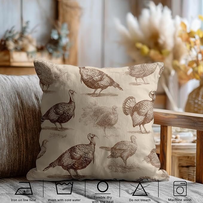 Shrahala Wild Turkeys Decorative Throw Pillow Cover, Vintage Turkey Illustration Square Pillowcase Blended Double-Sided No Inserts for Bedroom Living Room Set of 2 (22 x 22 in)