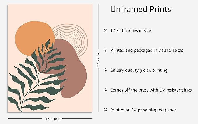 Y2K BOO Boho Monstera Leaf UNFRAMED Wall Art Abstract Sun Earth Tones Terracotta Mid Century Modern 12x16 Inch Heavyweight Paper Minimalist Botanical Studio Decor