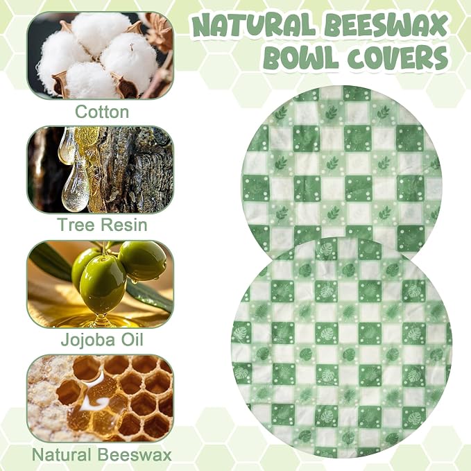 2-Pack Reusable Beeswax Bowl Covers with Green Leaf Pattern, 10/12 Inch Elastic Cotton Food Storage Covers for Bread Proofing, Sourdough Dough & Kitchen Containers