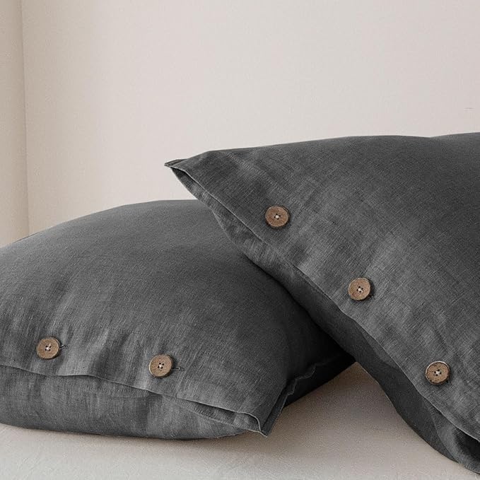 EVERLY 100% Linen Pillowcases Set of 2,French Linen from Normandy, 26X26Inch Standard Size, Natural Color, Coconut Buttons Closure, Flax Pillowshams-Pillowcase-Dark Grey