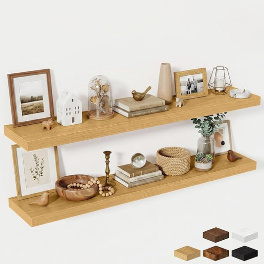 Fun Memories 55 Inch Fireplace Mantel Shelf, 10 Inch Deep Shelves for Display & Wall Storage, Rustic Wood Wall Shelf, Extra Long Floating Shelves for Living Room Laundry Room, Oak, Set of 2