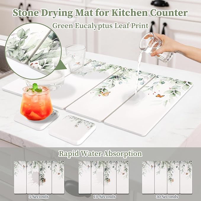 Large Stone Dish Drying Mat for Kitchen Counter, 24"×16" Quick Dry Dishes Mats, Foldable Diatomaceous Earth Drying Organizer Pad Water Absorbing for Plate Bottles Utensils