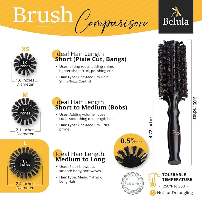 Belula 100% Soft Boar Bristle Round Brush for Blow Drying Set. Round Hair Brush With Large 2.4” Wooden Barrel. Hairbrush Ideal to Add Volume and Body. Free 3 x Hair Clips & Travel Bag