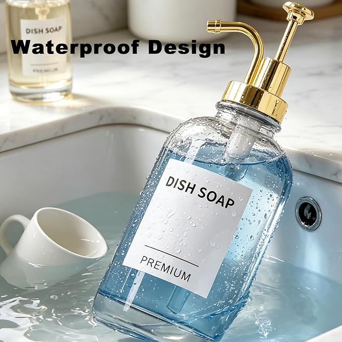 Dish Soap Dispenser for Kitchen, Hand Glass Soap Dispenser Set with Pump, Tray, Funnel for Bathroom, Shower, Laundry, Liquid, Lotion (Gold 2 Pack 18 Oz Clear Bottles with 12 Stickers)