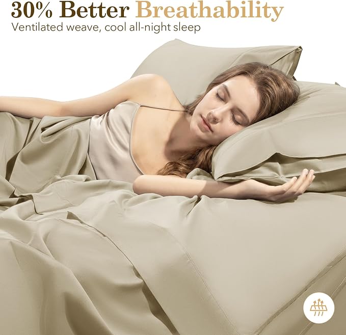 SONORO KATE 100% Organic Cotton Sheets Set - 600 Thread Count, GOTS Certified Cotton Bed Sheets, Soft, Breathable & Silky Sateen Weave Sheets, 16" Deep Pockets - 4 PC (Linen,Queen)