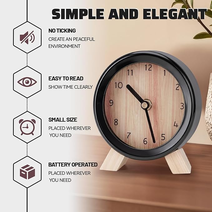 Maxspace Wooden Analog Clock, Small Silent Bedside Desk Clock Battery Operated, Elegant and Decorative Table Clock with Wooden Frame for Living Room, Bedroom, Bedside, Desk (Black)