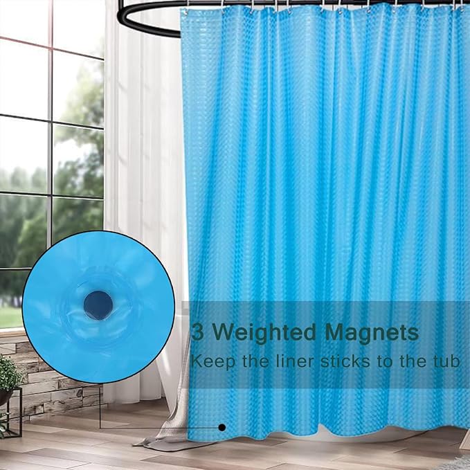 EVA Blue Shower Curtain Liner, 3D Plastic 5G Shower Liner with 12 Rustproof Metal Grommets and Weighted Magnets, Waterproof Duty for Bathroom 72 x 72