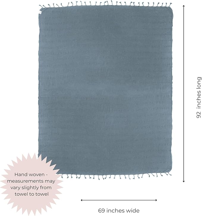 InfuseZen Large Stonewashed Turkish Throw Blanket - 100% Organic Turkish Cotton - 92" x 69" - Soft, Lightweight, Cozy - Love Seat, Sofa, Bed, Picnic, Yoga - Sand Free Beach Blanket - Denim
