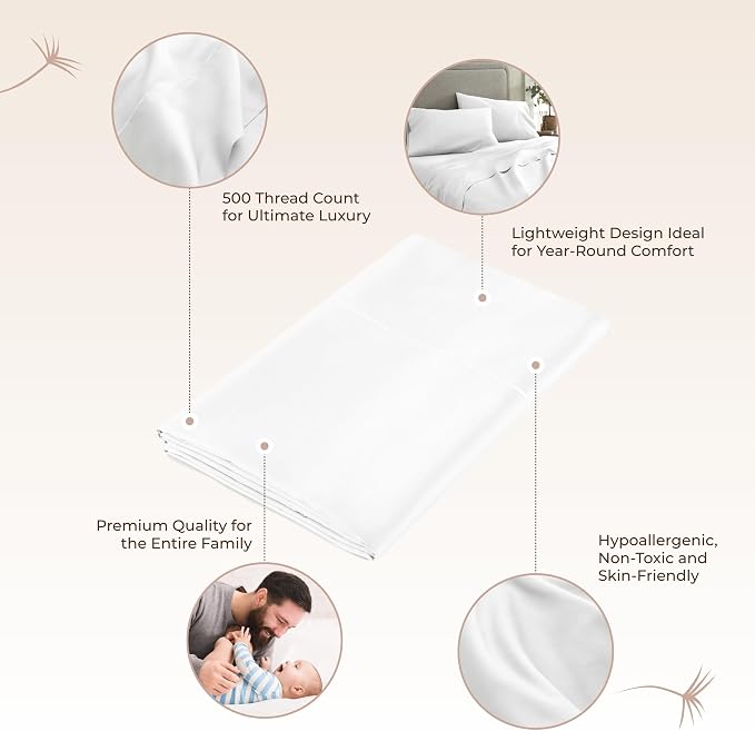 Certified Organic Full Flat Sheet Only - 100% Organic Cotton Top Sheet with Luxurious Soft and Breathable 500 Thread Count Sateen Weave Finish - GOTS & Fairtrade Certified (White, Full)