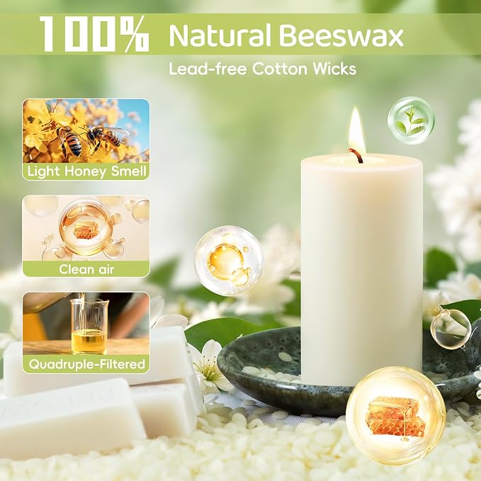 4 Pack Beeswax Pillar Candles,172 Hours Long Burning,Ivory White Beeswax Candles,Unscented Pure Bees Wax Candle for Home,Prayer,Dripless Smokeless Organic 100% Bees Wax Candle Bulk 2x4in