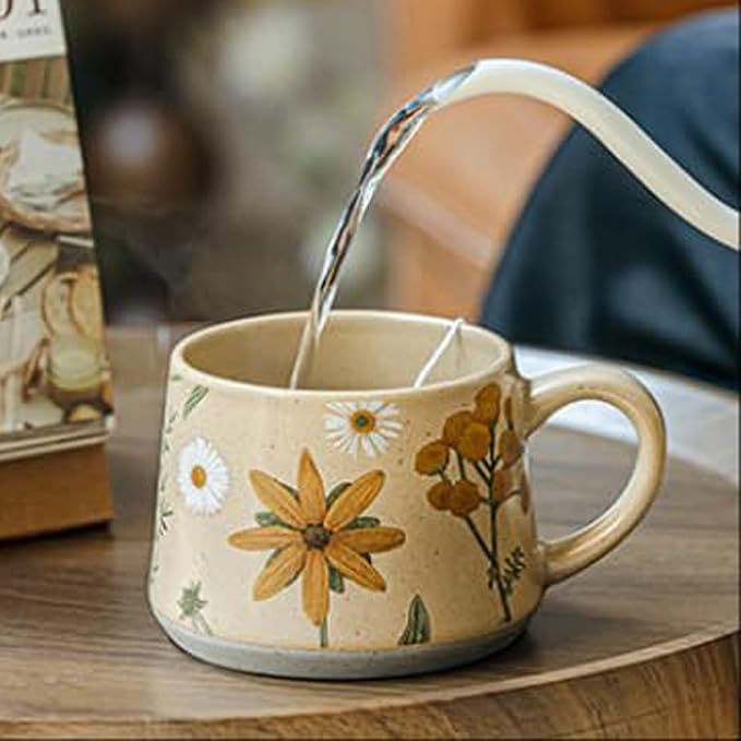 16OZ Ceramic Coffee Latte Mug, Cute Cup for Women, Ideal for Green Tea or Coffee,Hand Painted Floral Design Pottery Mug (sunflower)