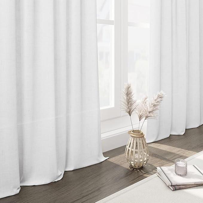Nanspring White Linen Curtains 129 Inches Long for Living Room Extra Long Back Tab Curtains Farmhouse Light Filtering Semi Sheer Linen Drapes Ceiling to Floor for Large Window 2 Panels Set 52x129